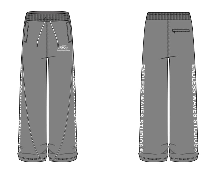 Illustration of a pair of grey nylon pants with vertical text and wave emblem, featuring an adjustable waistband, side pockets, and a branded logo on the upper left thigh.
